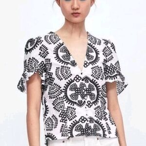 Zara Black and White Embroidered Blouse